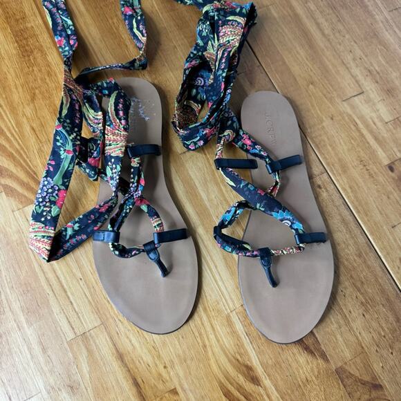 J. Crew Wrap Around Floral Ribbon Lace Up Flat Sandals Size 9 - Picture 3 of 6